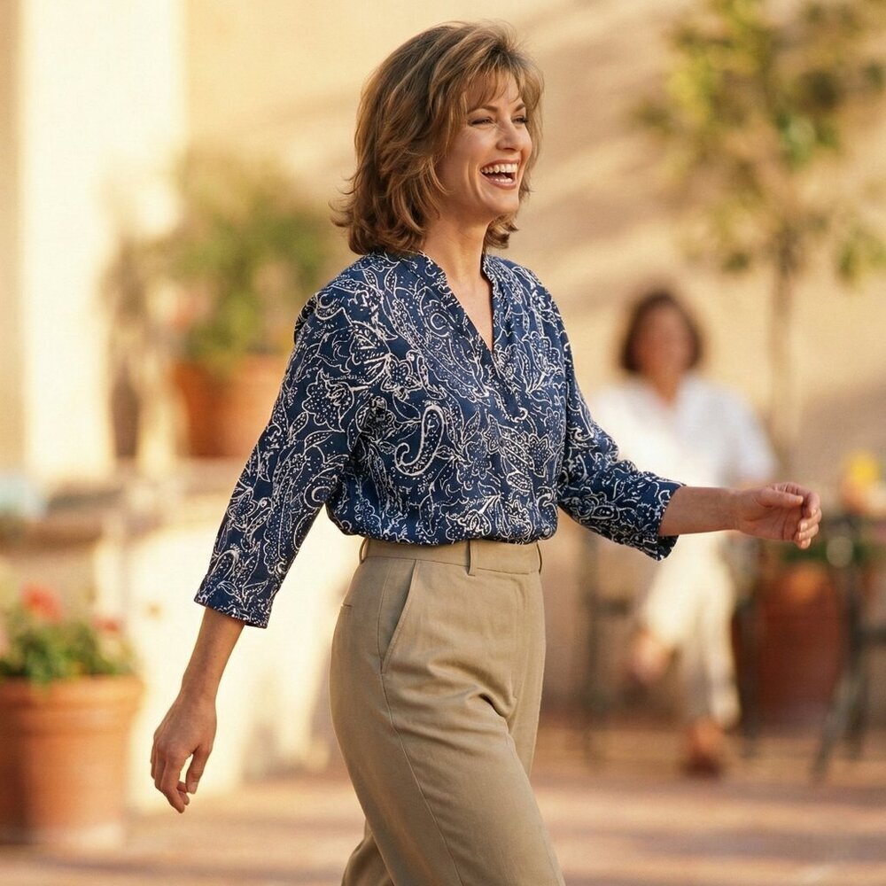 Carole Little Woman 1X Linen Blue White Blouse Navy Floral Paisley Coastal Prep